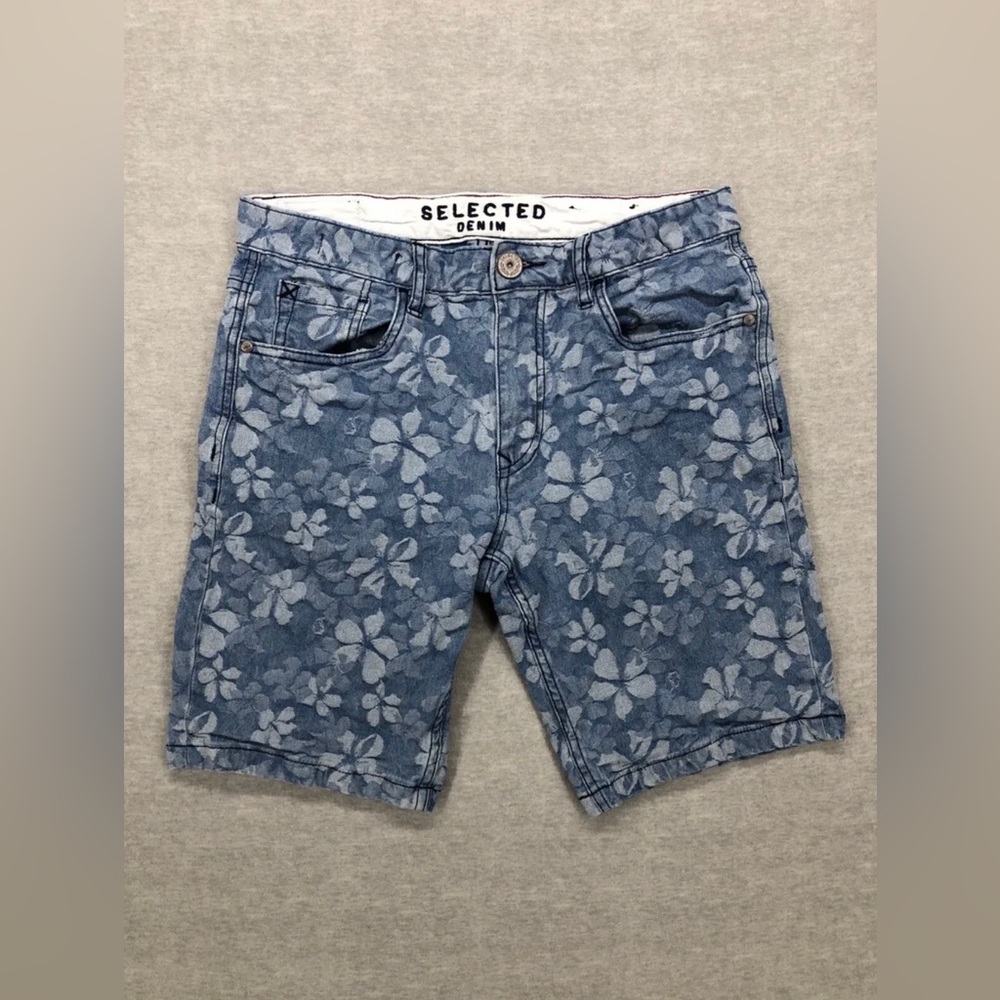 Selected Regular Fit Mid Rise Denim Jean Shorts Women Size 30W Blue Floral